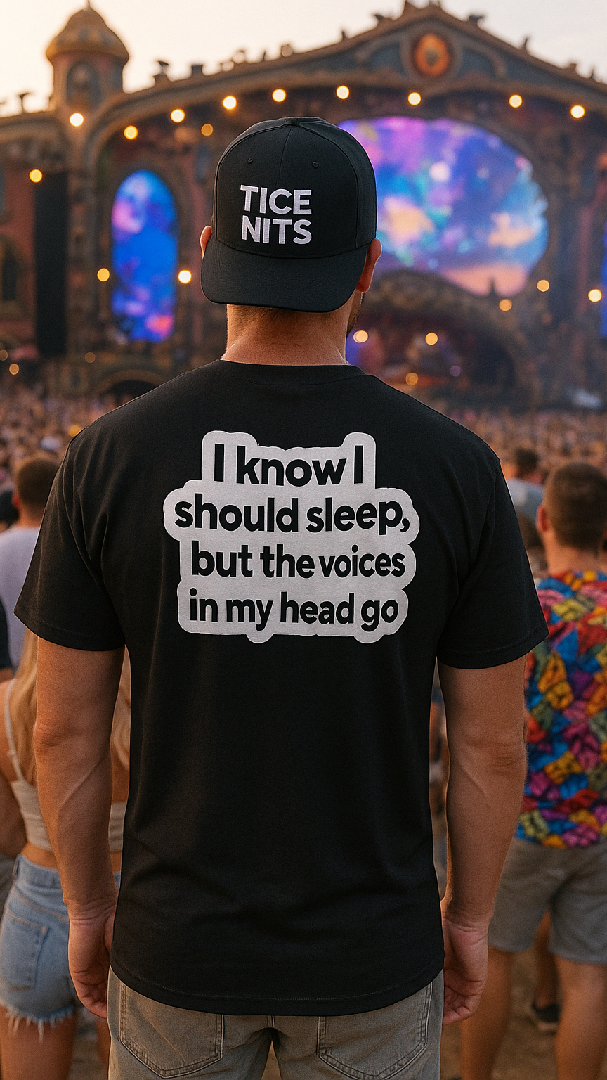 I Know I Should Sleep – festival heren T-shirt met Nachtelijke Chaos - PrintnPaws