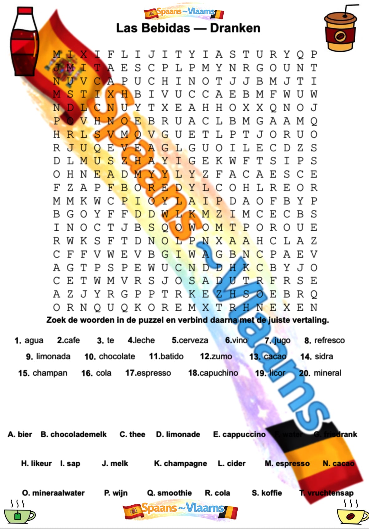 Spaans Naar Vlaams Leren Woordzoekers - 20 Pagina's PDF - PrintnPaws