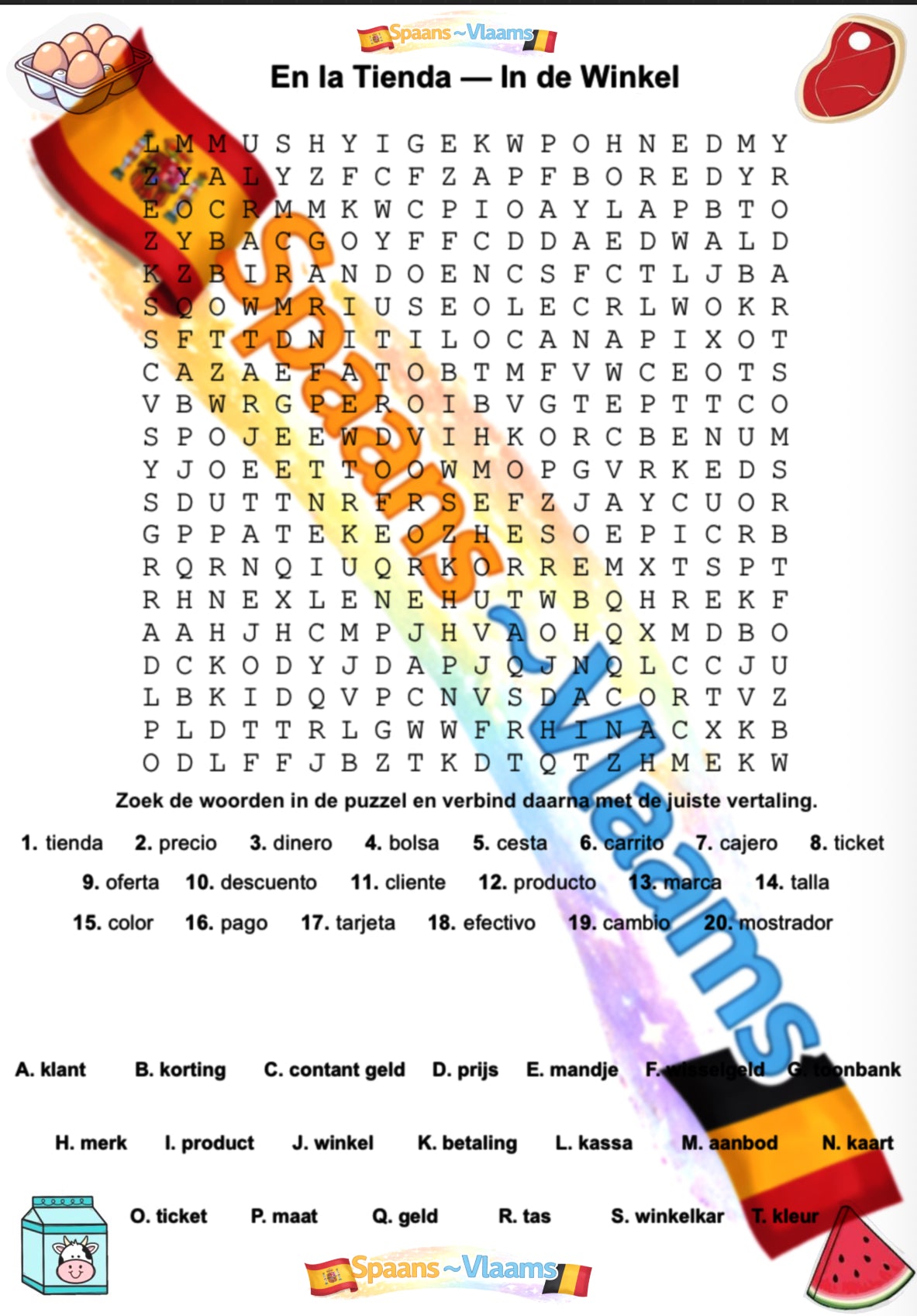 Spaans Naar Vlaams Leren Woordzoekers - 20 Pagina's PDF - PrintnPaws